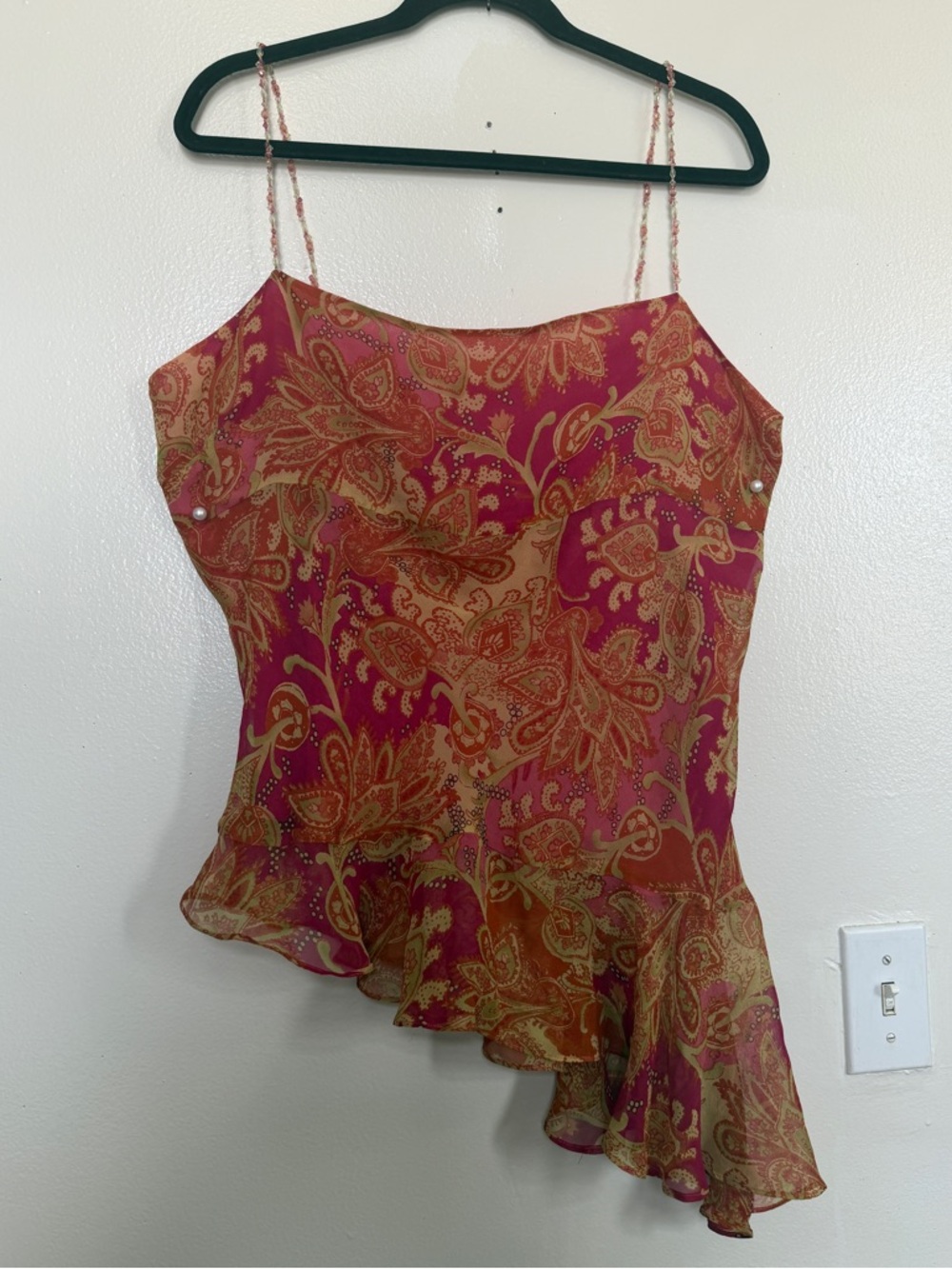 Paisley Ruffle Asymmetrical Pink Crop Top
